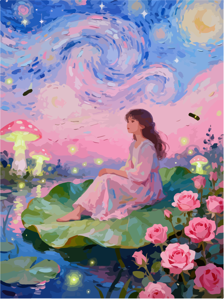 星空下的女孩奇幻插画