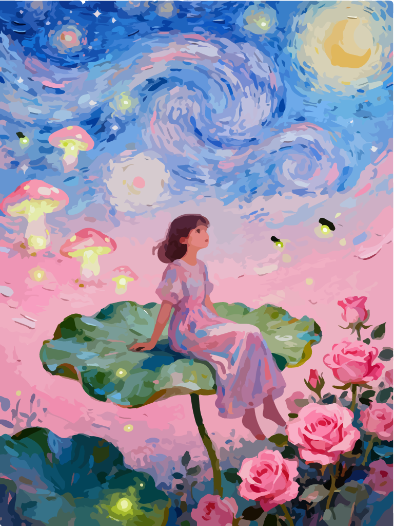 星空下的女孩奇幻插画
