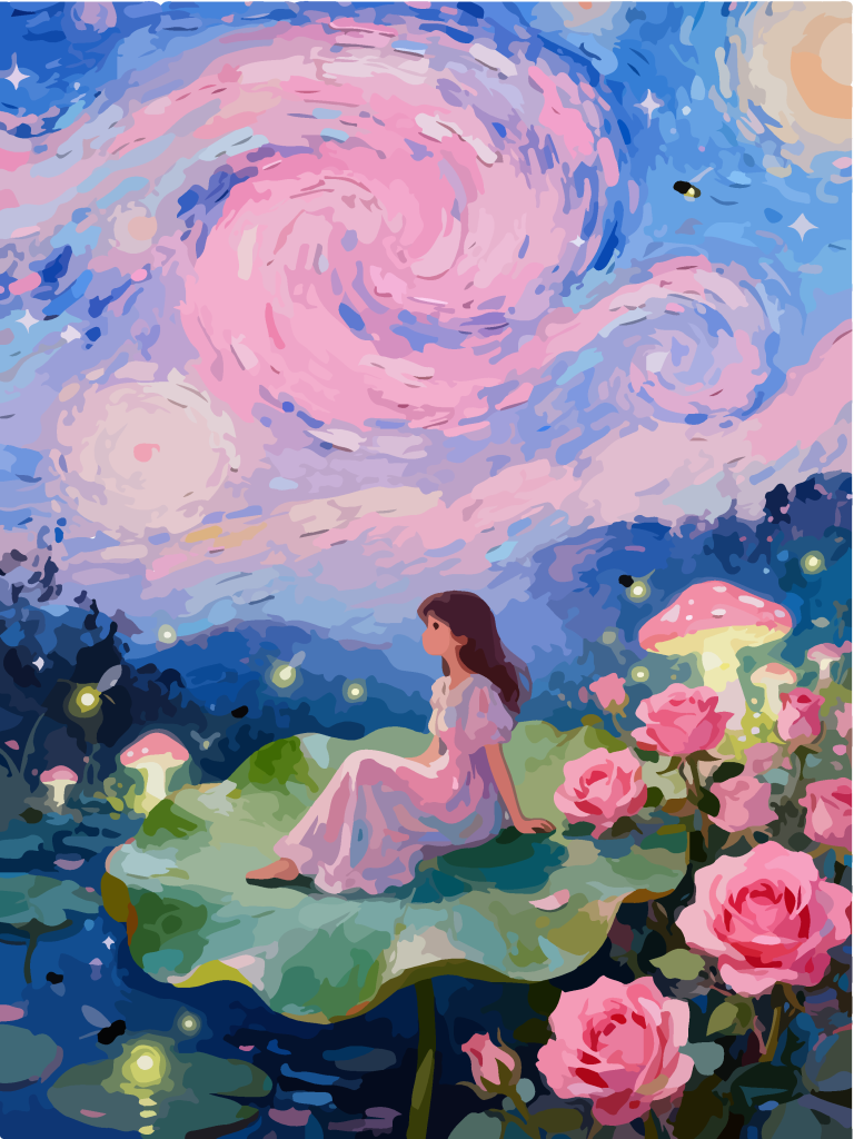 星空下的女孩奇幻插画