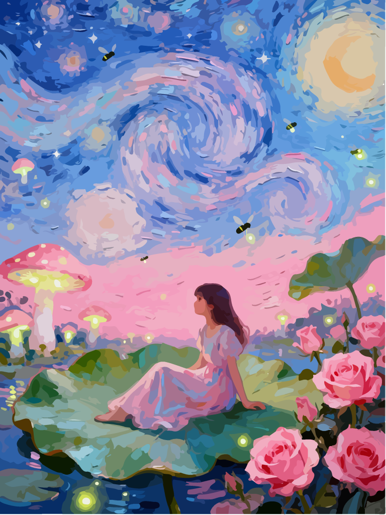 星空下的女孩奇幻插画