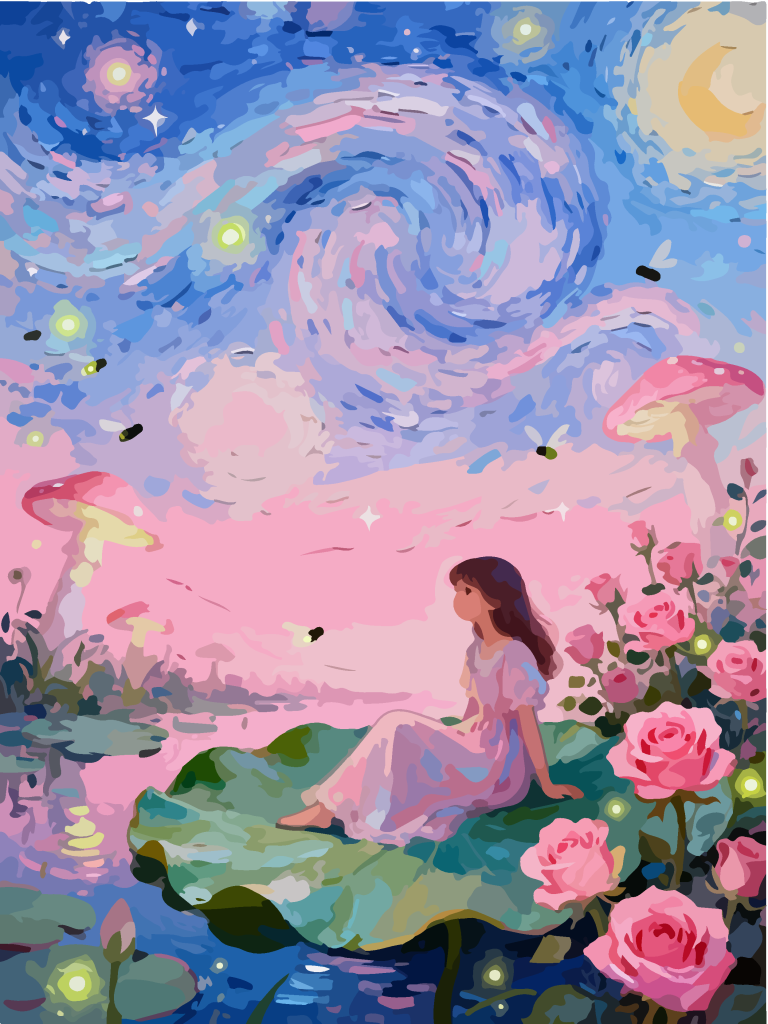 星空下的女孩奇幻插画