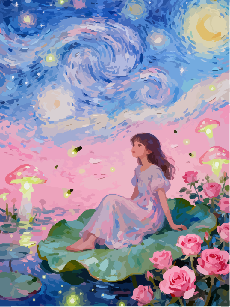 星空下的女孩奇幻插画