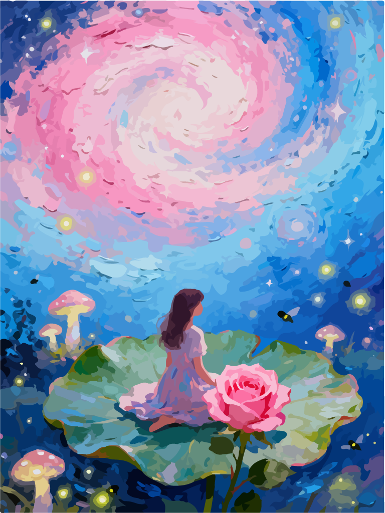 星空下的女孩奇幻插画