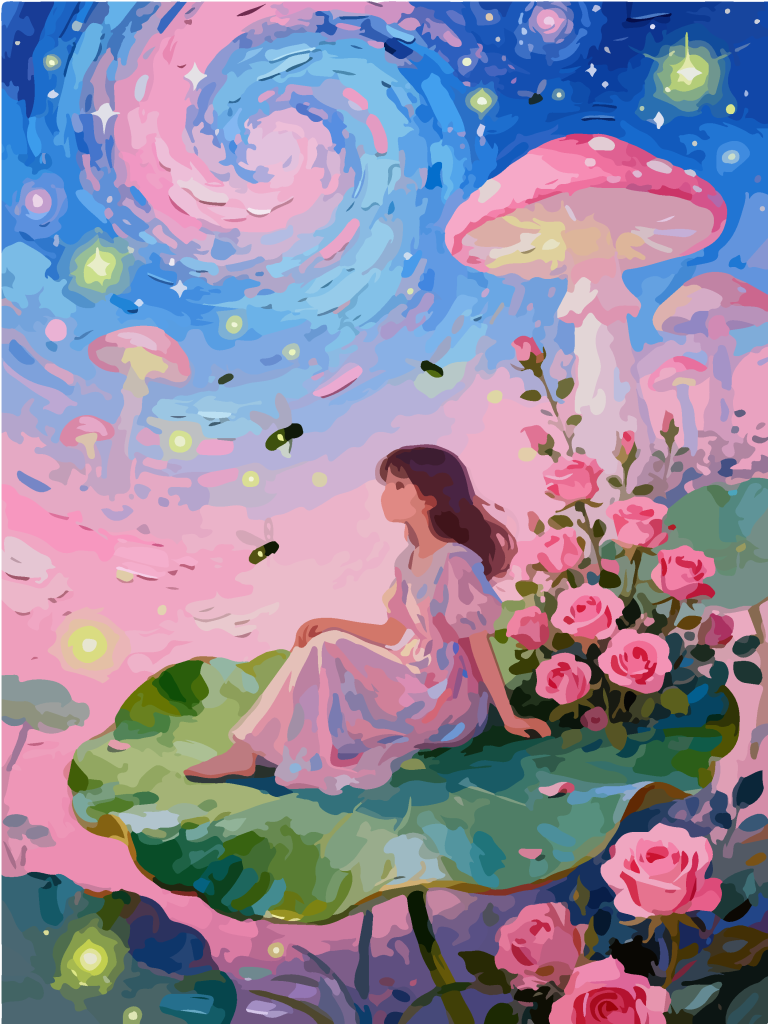 星空下的女孩奇幻插画