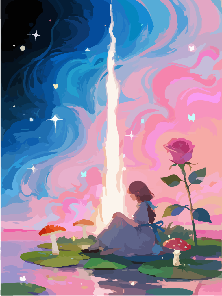 星空下的女孩奇幻插画