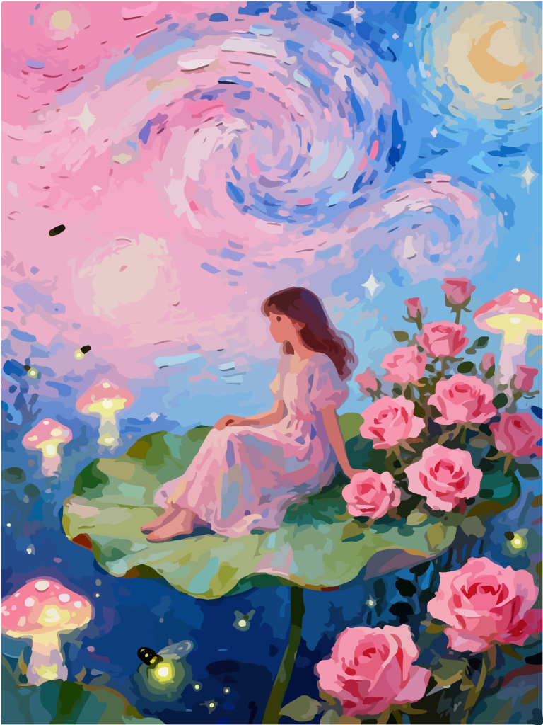 星空下的女孩奇幻插画
