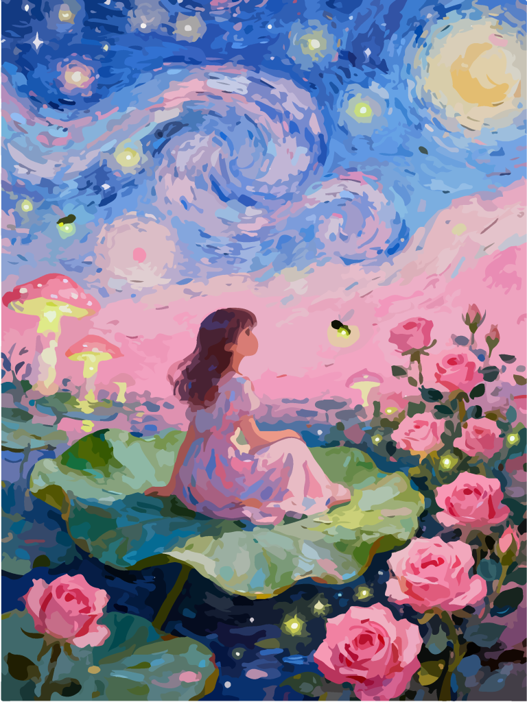 星空下的女孩奇幻插画