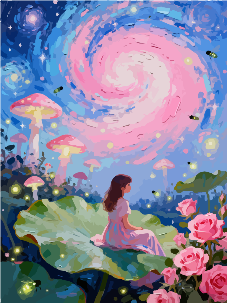 星空下的女孩奇幻插画