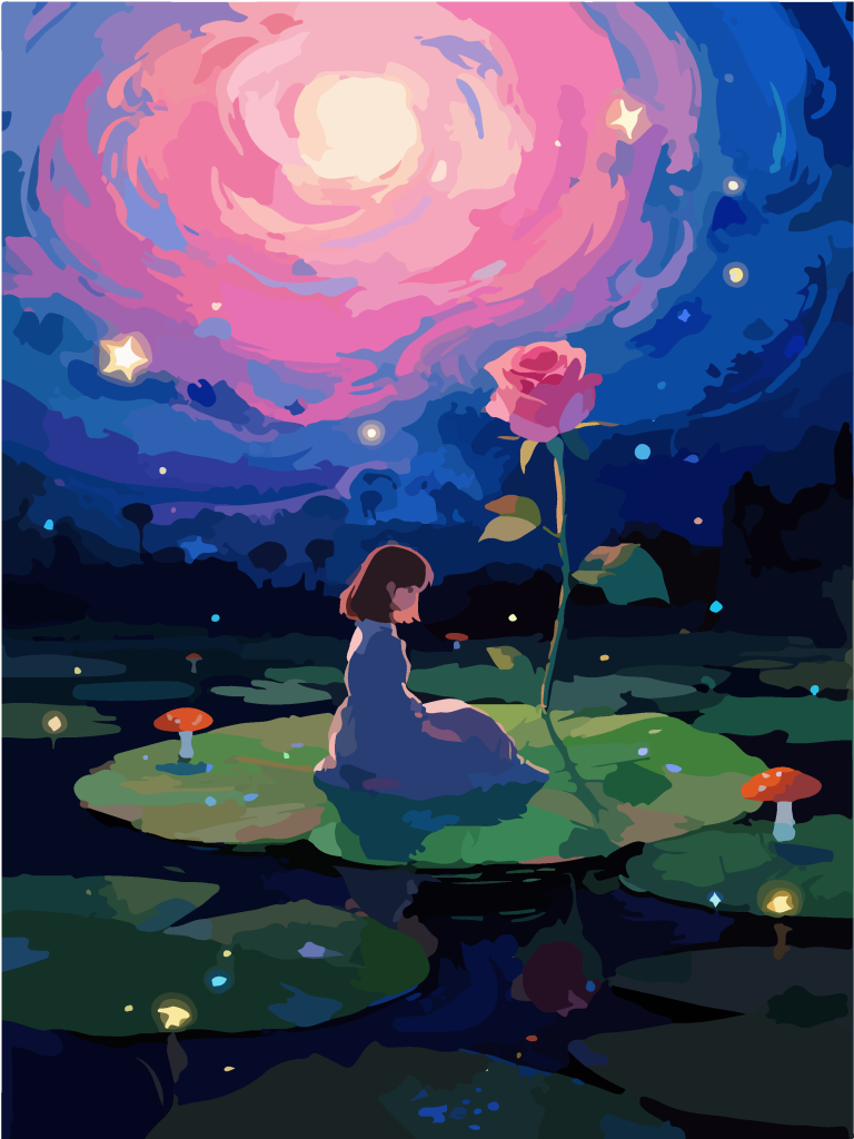星空下的女孩奇幻插画