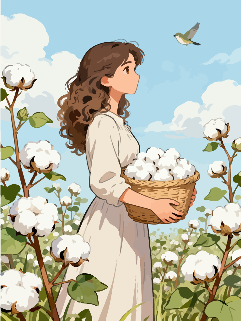 采摘棉花的女孩田园风插画