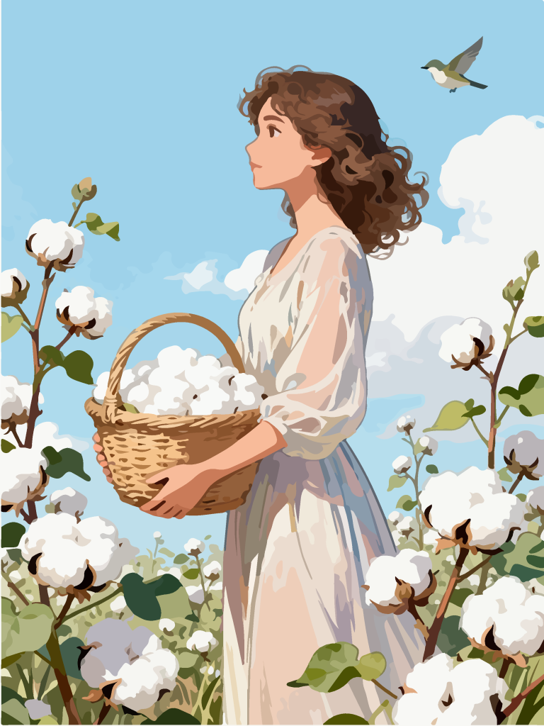 采摘棉花的女孩田园风插画