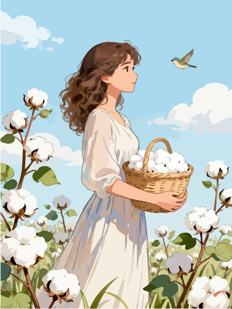 采摘棉花的女孩田园风插画