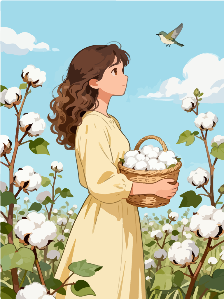 采摘棉花的女孩田园风插画