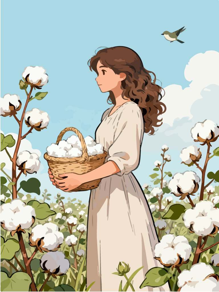 采摘棉花的女孩田园风插画