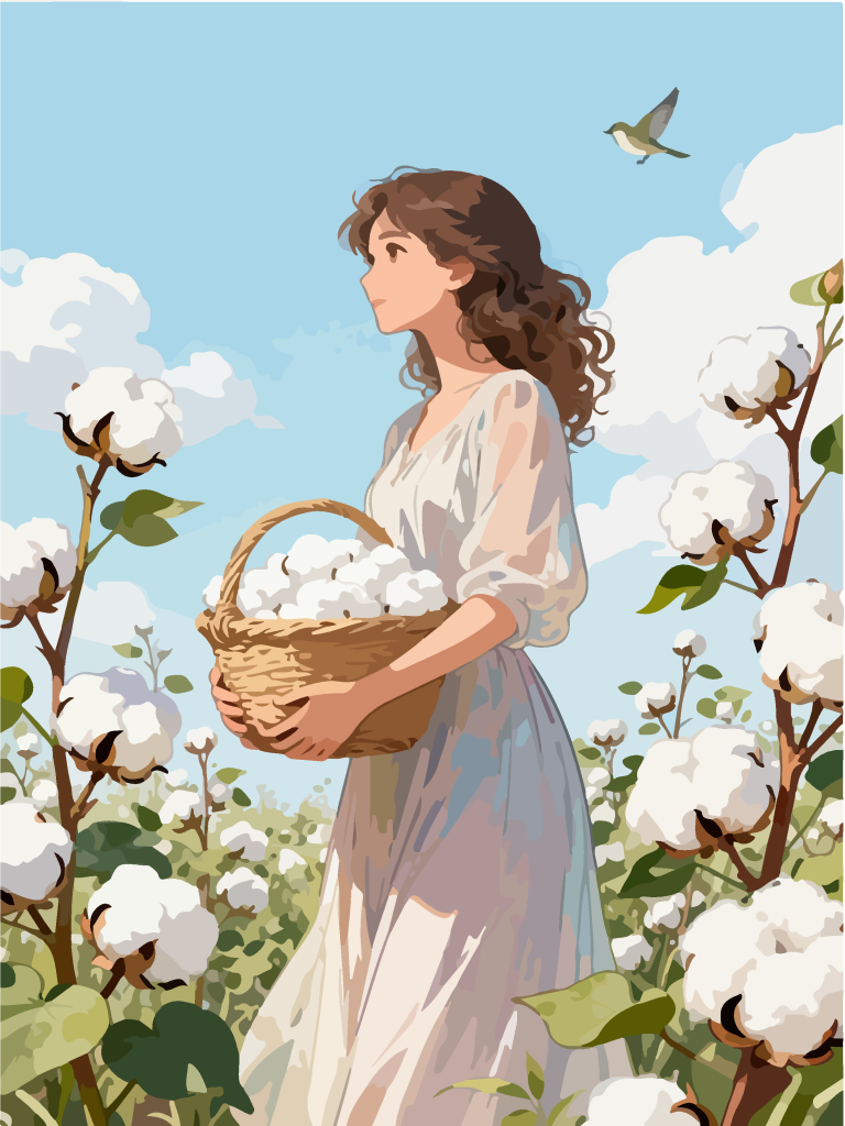采摘棉花的女孩田园风插画