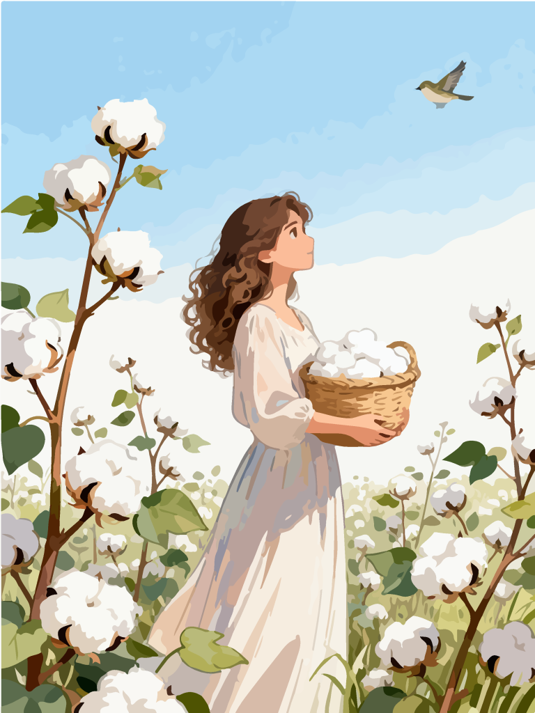 采摘棉花的女孩田园风插画