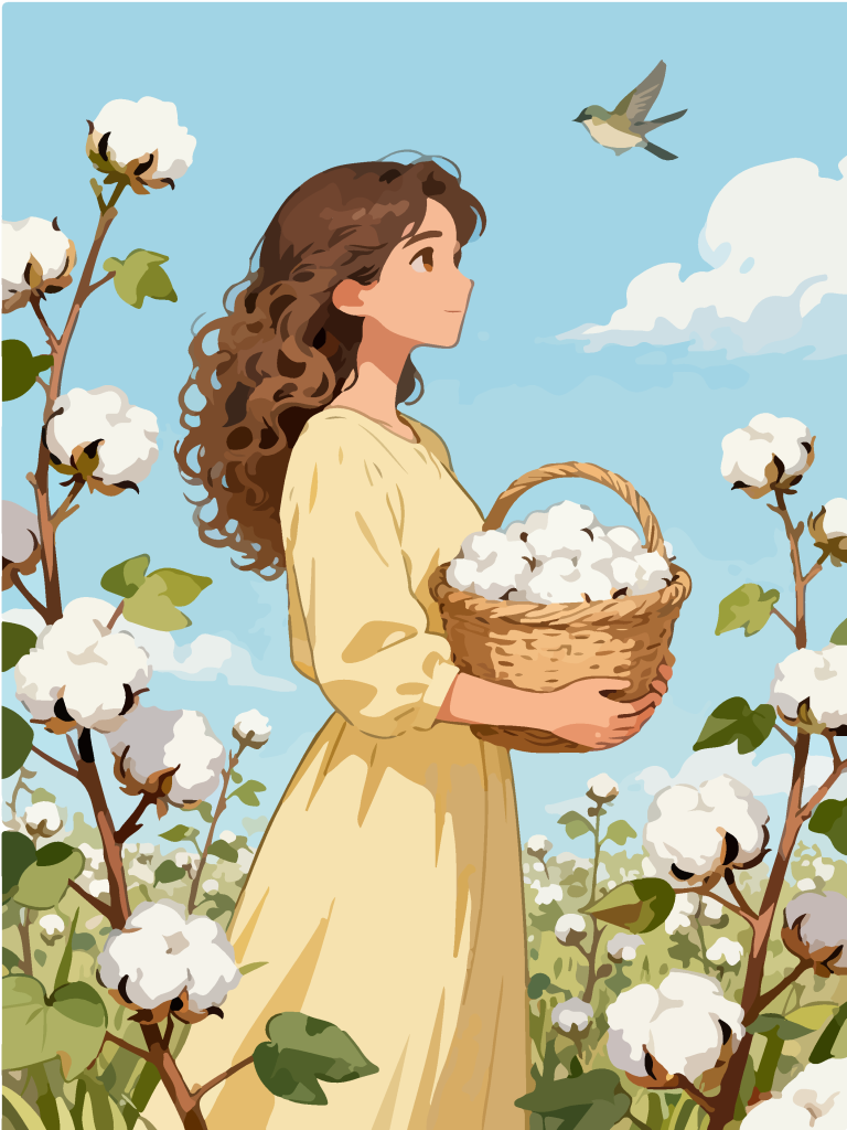 采摘棉花的女孩田园风插画