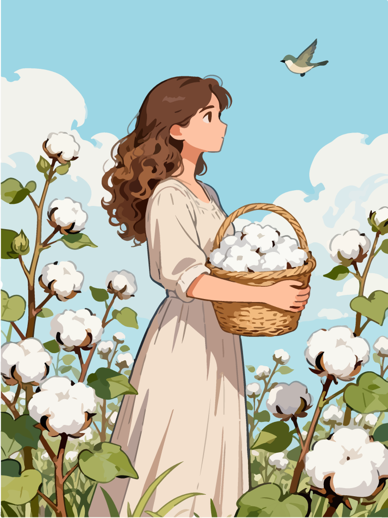 采摘棉花的女孩田园风插画
