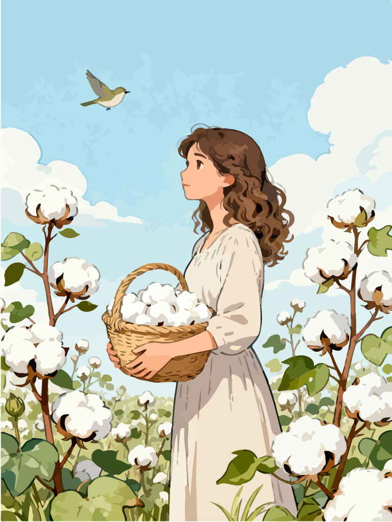 采摘棉花的女孩田园风插画