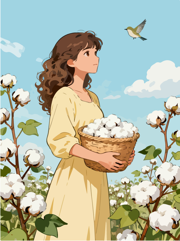 采摘棉花的女孩田园风插画