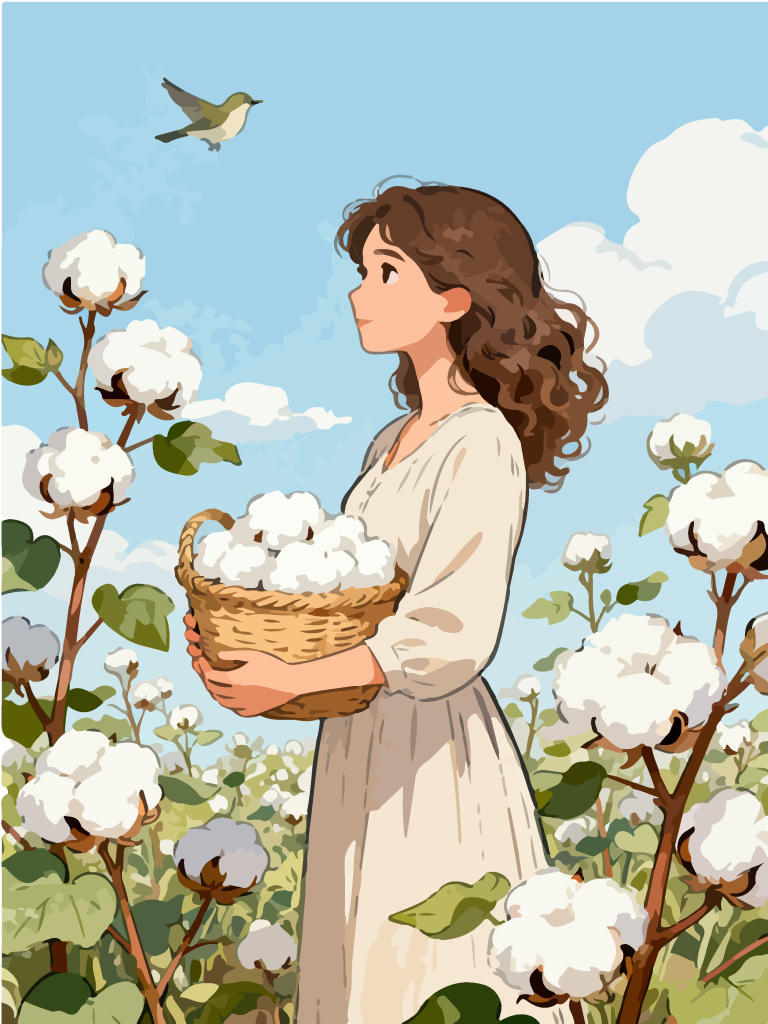 采摘棉花的女孩田园风插画
