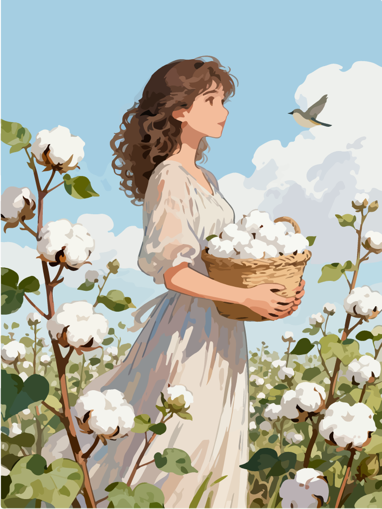 采摘棉花的女孩田园风插画