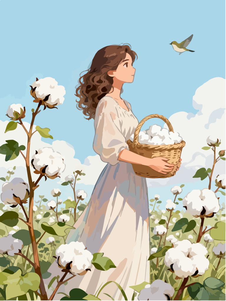 采摘棉花的女孩田园风插画