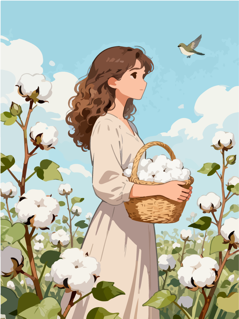 采摘棉花的女孩田园风插画