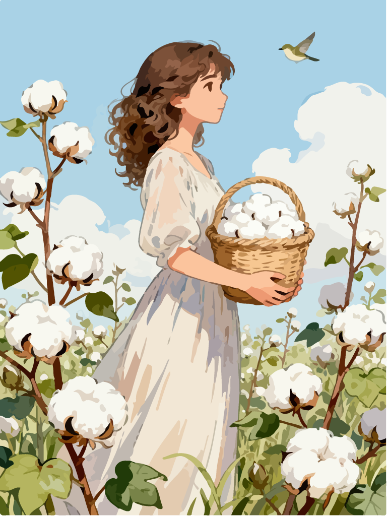 采摘棉花的女孩田园风插画