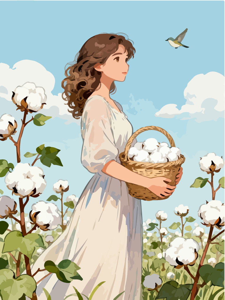 采摘棉花的女孩田园风插画