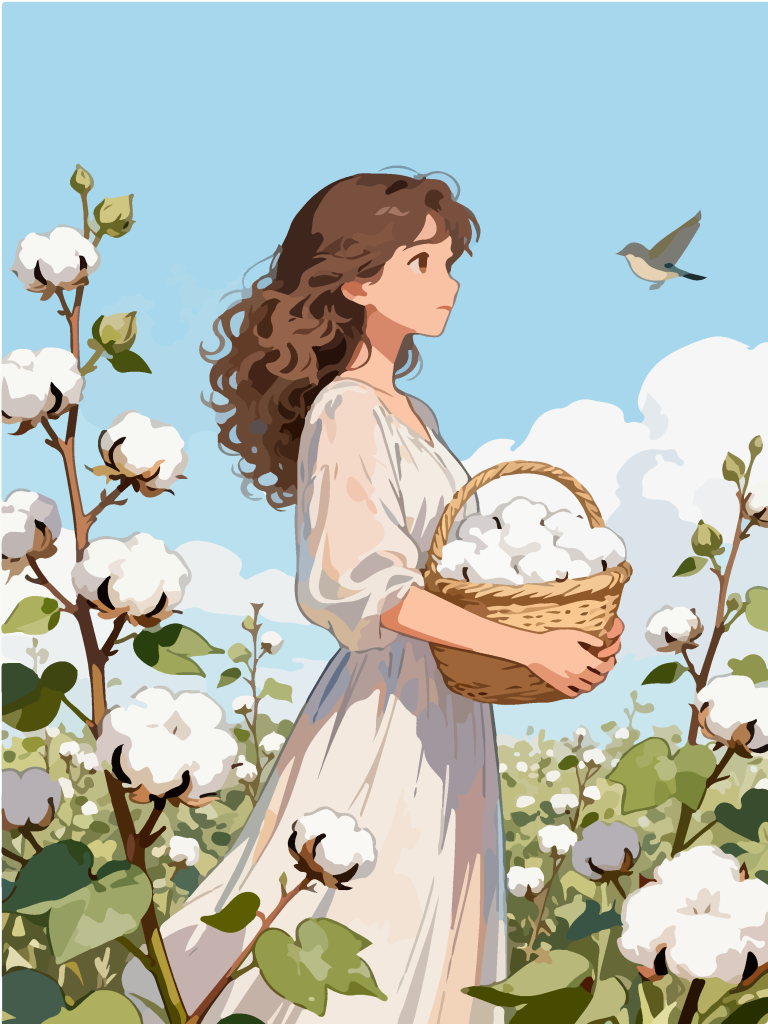 采摘棉花的女孩田园风插画
