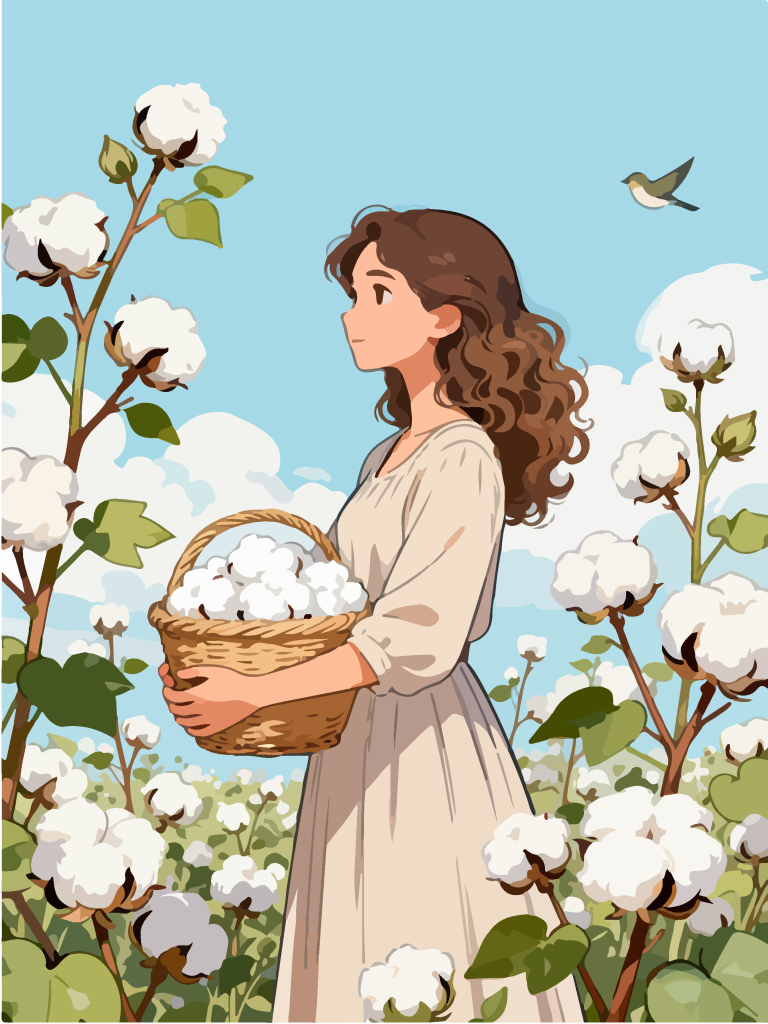 采摘棉花的女孩田园风插画