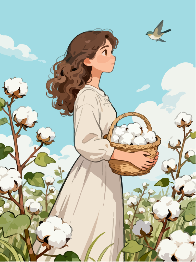 采摘棉花的女孩田园风插画