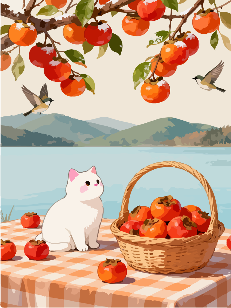 秋季柿子树下田园风插画