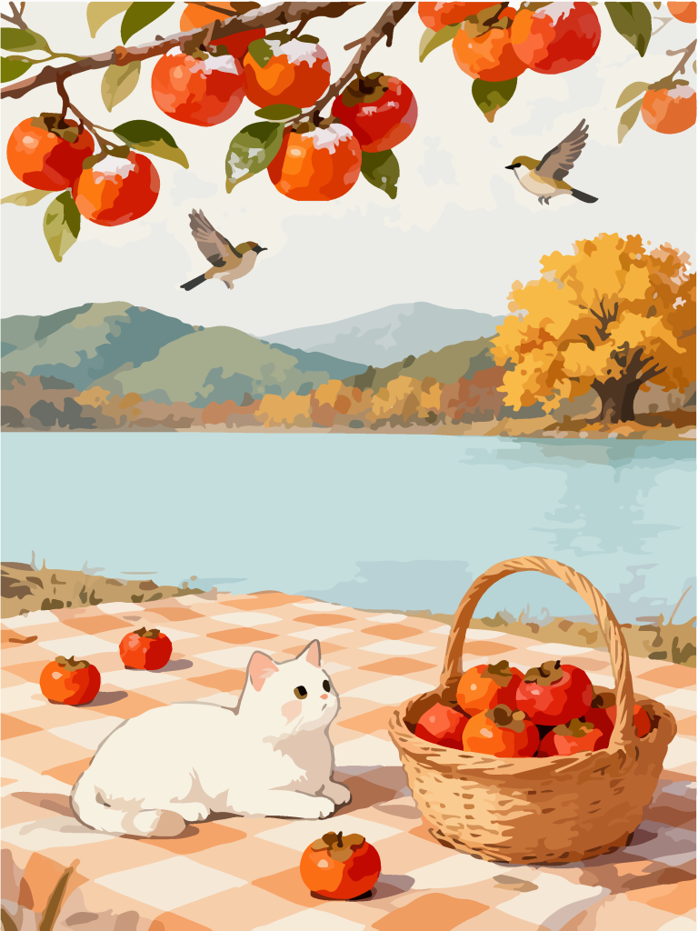 秋季柿子树下田园风插画