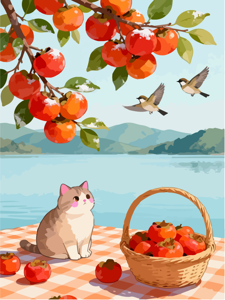 秋季柿子树下田园风插画