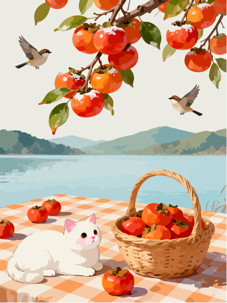 秋季柿子树下田园风插画