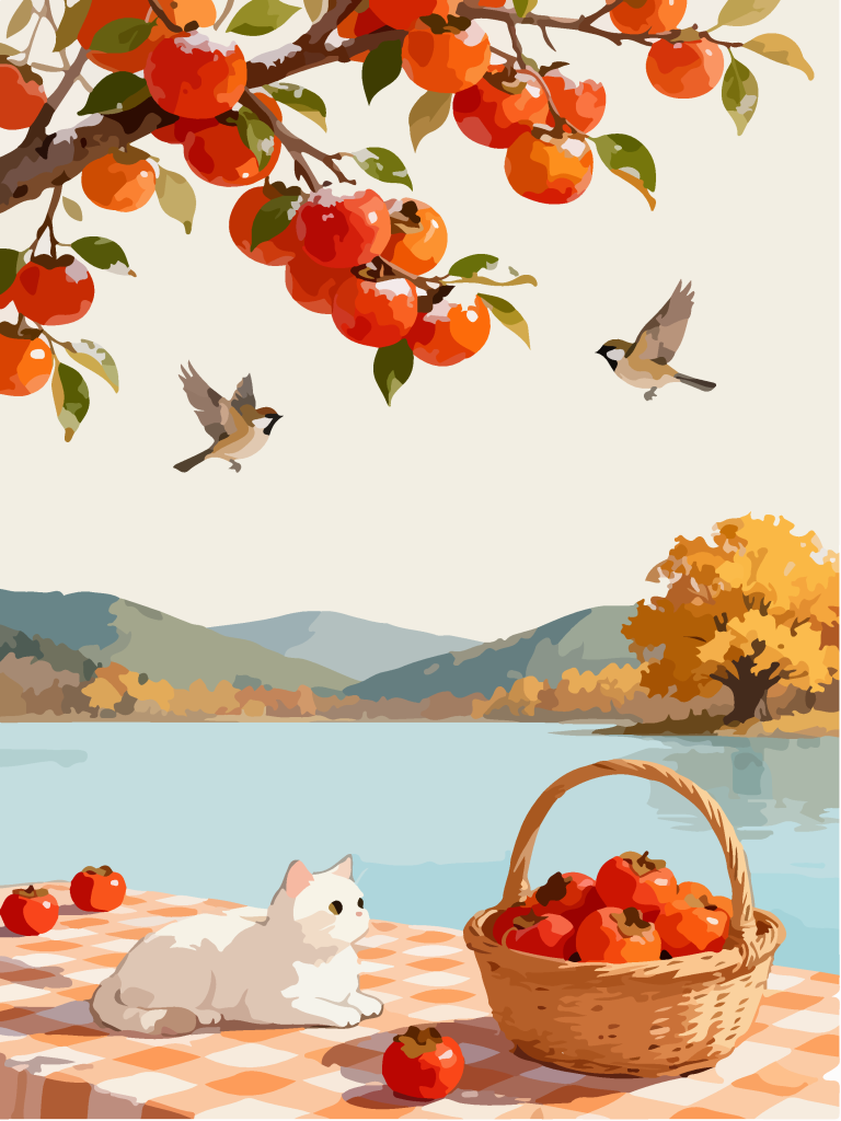 秋季柿子树下田园风插画