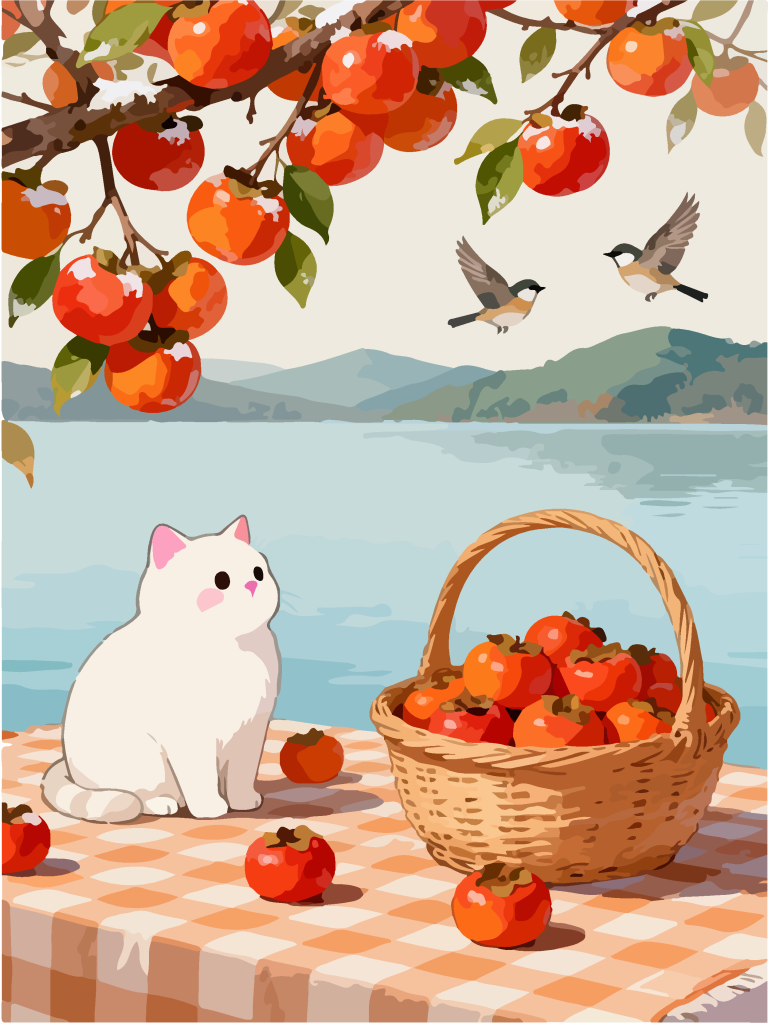 秋季柿子树下田园风插画