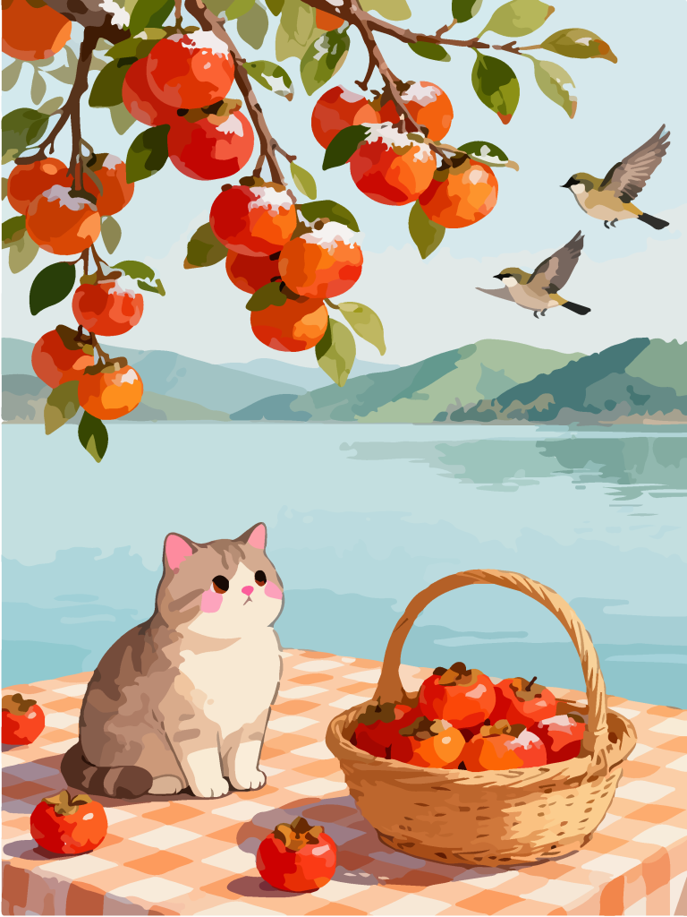 秋季柿子树下田园风插画