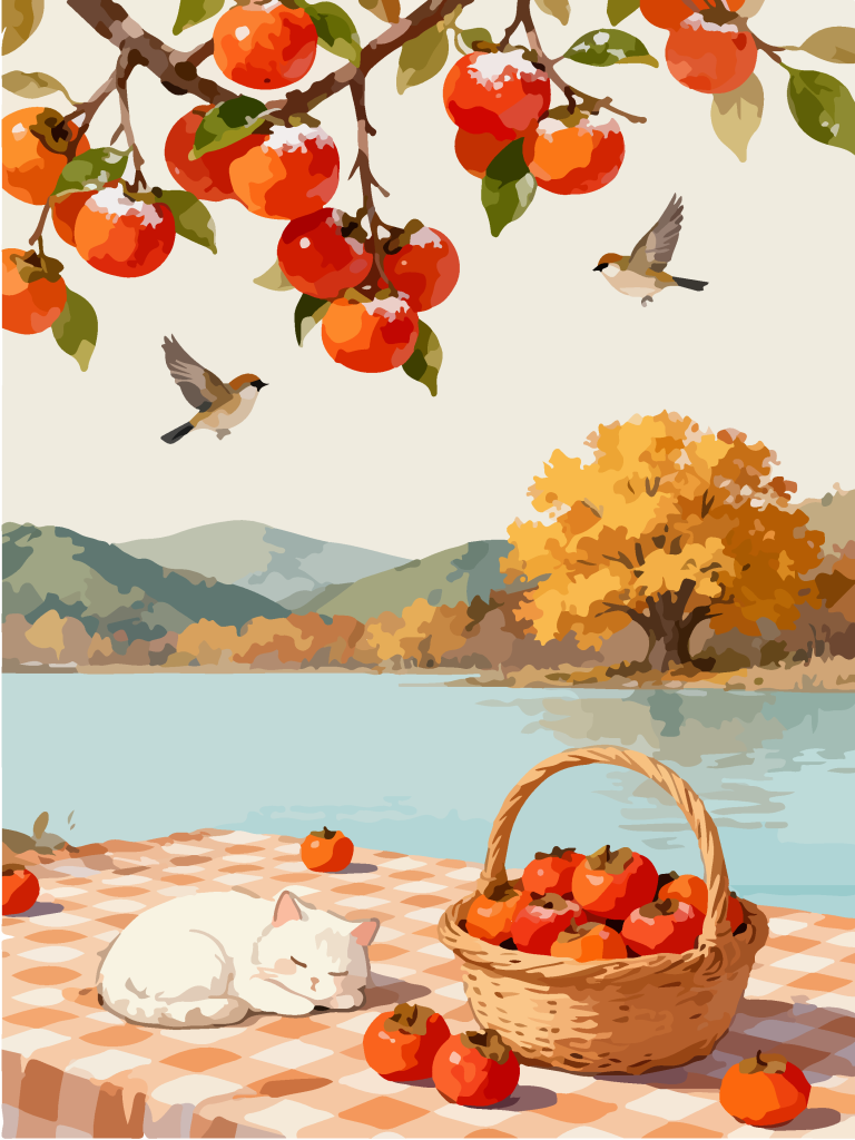 秋季柿子树下田园风插画