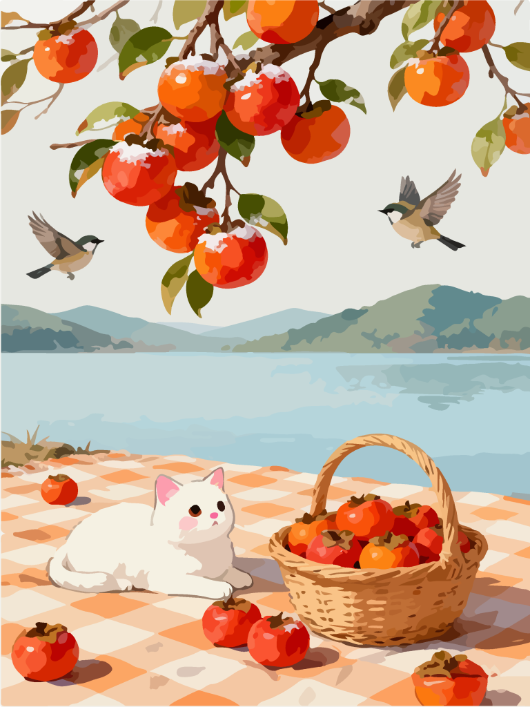 秋季柿子树下田园风插画