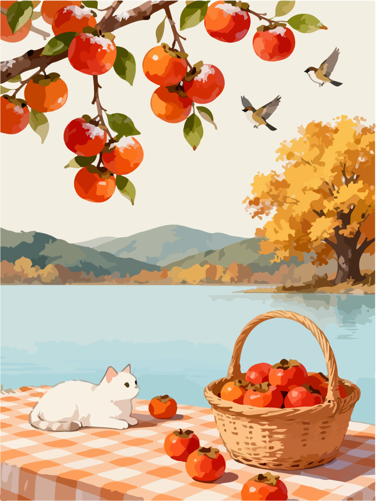 秋季柿子树下田园风插画