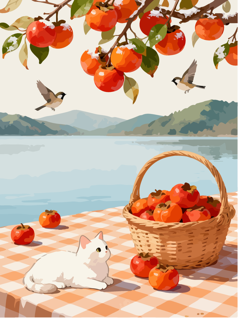 秋季柿子树下田园风插画