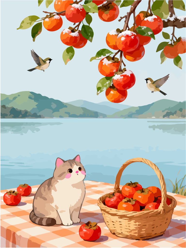秋季柿子树下田园风插画