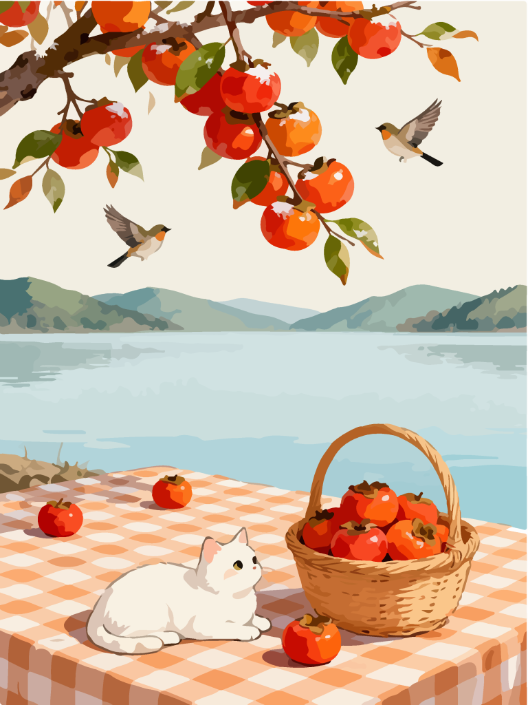 秋季柿子树下田园风插画