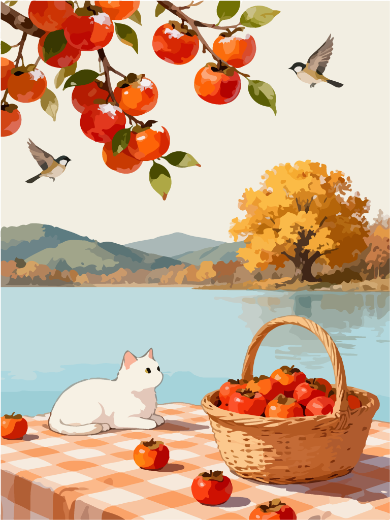 秋季柿子树下田园风插画