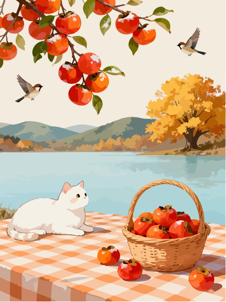 秋季柿子树下田园风插画