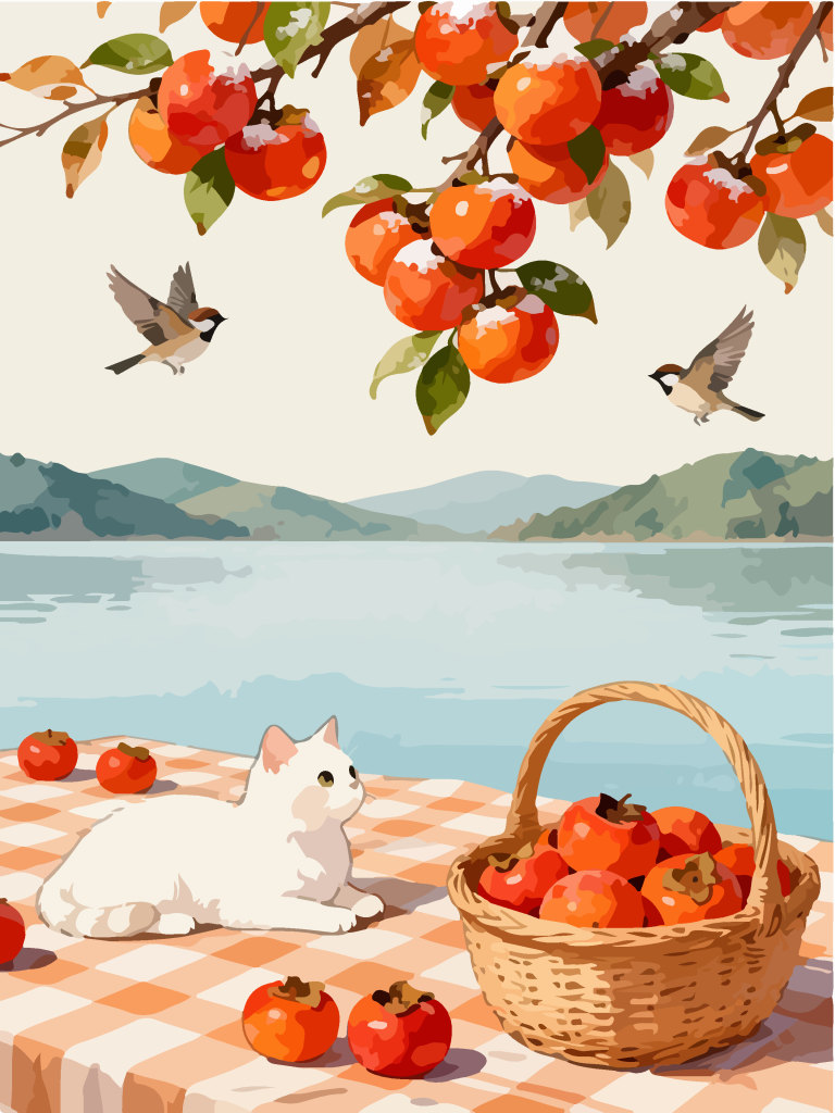 秋季柿子树下田园风插画