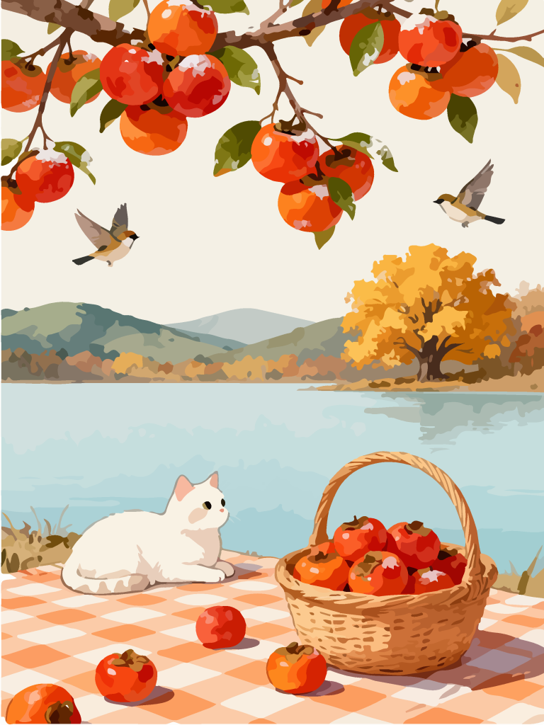 秋季柿子树下田园风插画